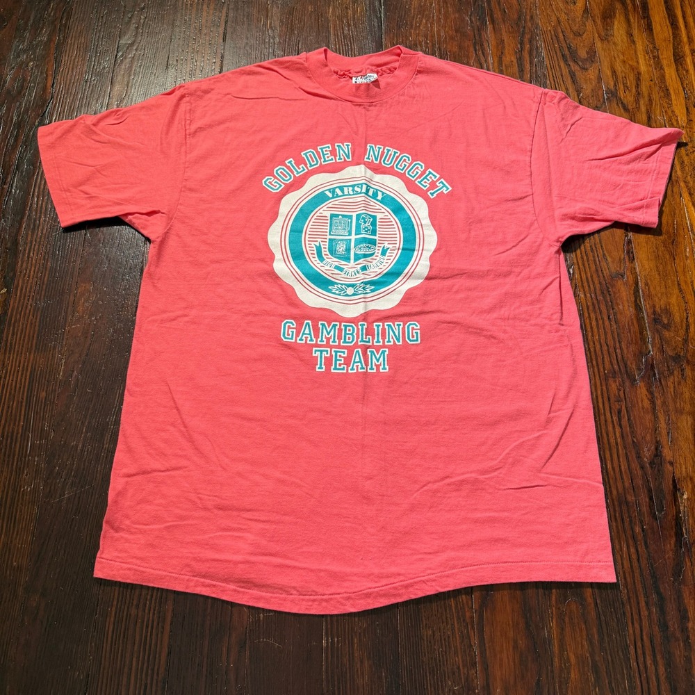 Vintage 90s Golden Nugget Varsity Gambling Team Shirt Mens XL Pink Hanes USA